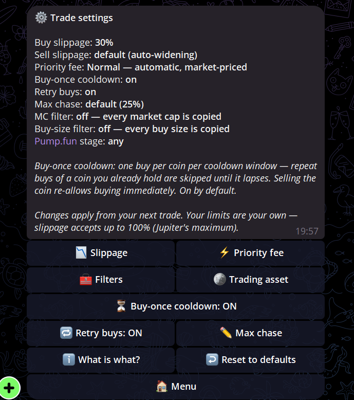 MOFO trade settings showing buy and sell slippage, priority fee, cooldown, retries, max chase and filters